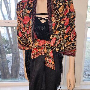 Mint condition kashmir black shawl brightly colored embroidery 30x82
